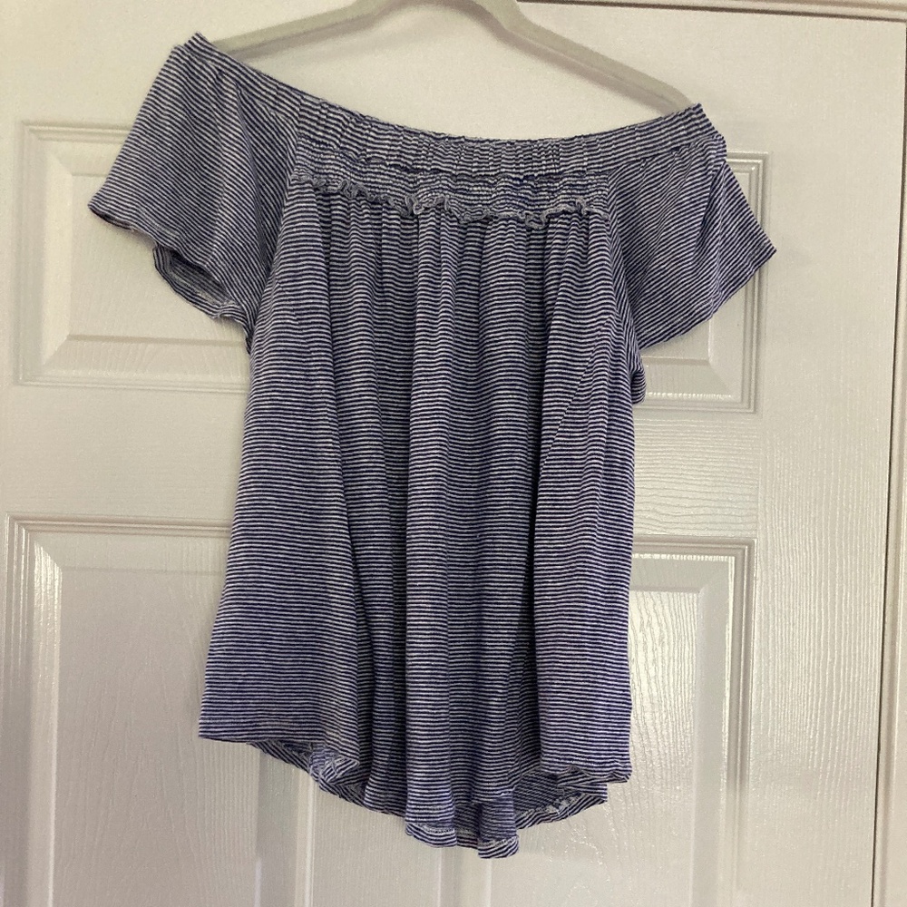 Anthropologie Bordeaux Blue White Striped Off Shoulder Linen Top Large